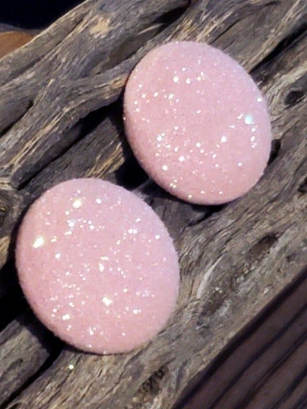 Light Pink Fabric Button Earrings Retro 80s Club Glam Disco Sparkly - Picture 5 of 9